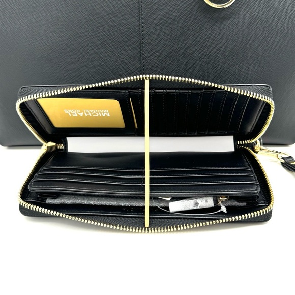 Michael Kors Medium Jet Set Travel Zip Tote Bag & Continental Wallet Black/Gold - Picture 12 of 13